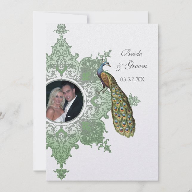 Invitación de Boda de Pavo Real Barroco - Verde Pr (Anverso)