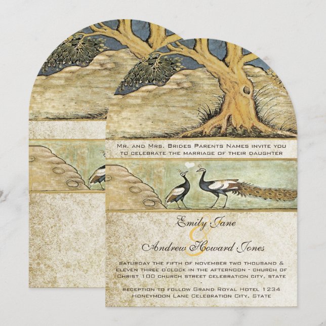 Invitación de boda de pavo real del bosque rústico (Anverso / Reverso)