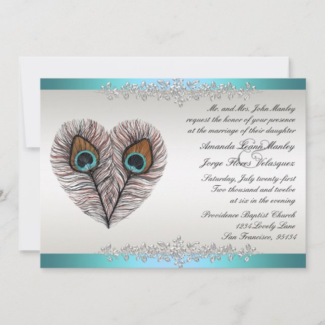 Invitación de boda de pavo real teal (Anverso)