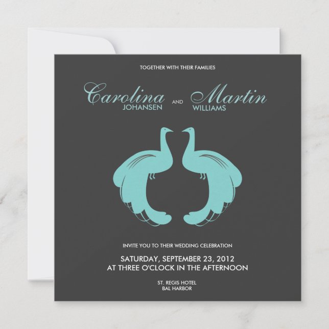Invitación de boda de pavos reales azules II (Anverso)