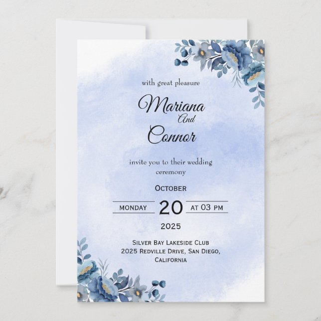 Invitación de boda de peonía azul romántica (Anverso)