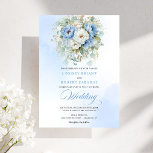 Invitación de boda de peonía blanca azul polvorien