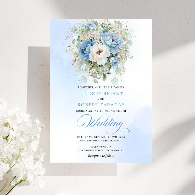 Invitación de boda de peonía blanca azul polvorien (Trendy Dusty Blue White Peony Wedding Invitation)