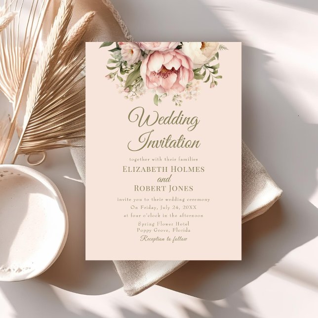 Invitación de boda de peonía con tono rosa polvori (Soft Peach and Blush Floral Wedding Invitation on a neutral boho wedding invitation.)