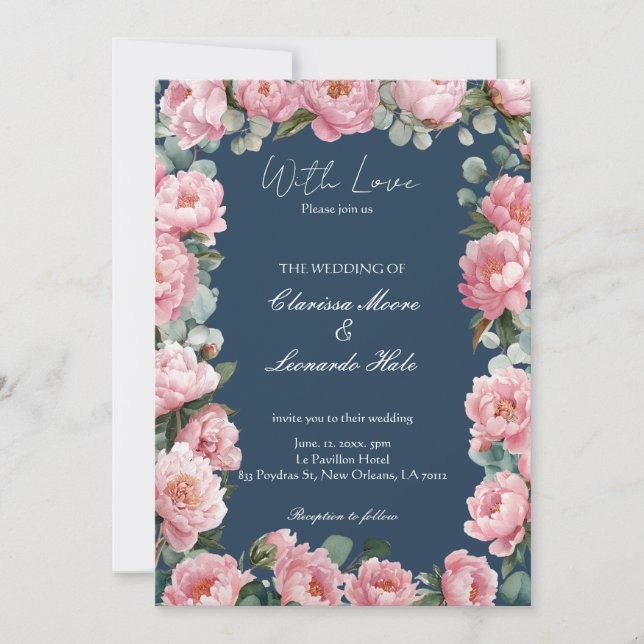 Invitación de boda de peonía eucalipto rosa naval (Anverso)