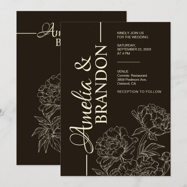 Invitación de Boda de Peonía Minimalista Elegante (Anverso / Reverso)