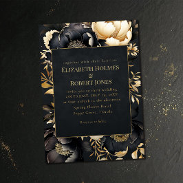 Invitación de boda de peonía negra y dorada gótica
