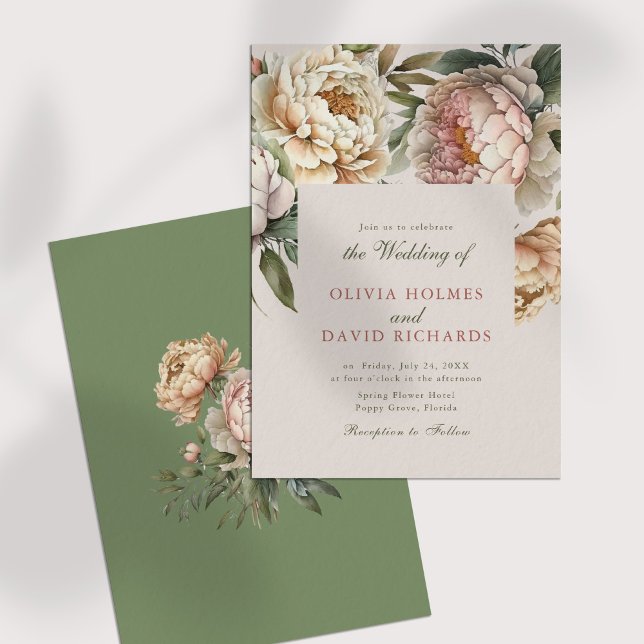 Invitación de Boda de Peonía Rosa Polvo y Rosa Rub (Dusty Rose and Blush Pink Peony Wedding Invitation on a white table)