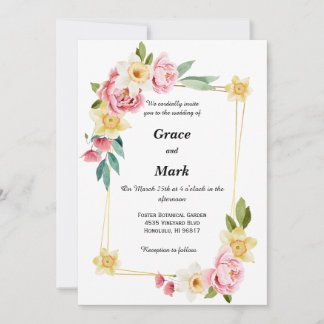 Invitación de boda de peonía rosa y narciso amaril