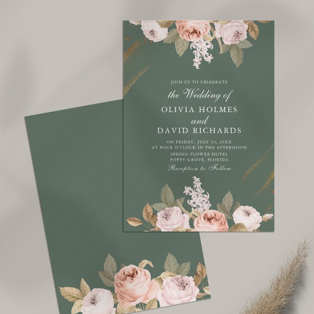 Invitación de boda de peonía verde salvia romántic (Romantic Sage Green Peony Wedding Invitation on table)