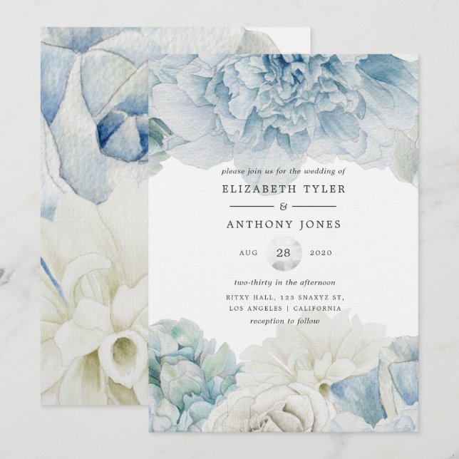 Invitación de boda de peonías azules (Anverso / Reverso)