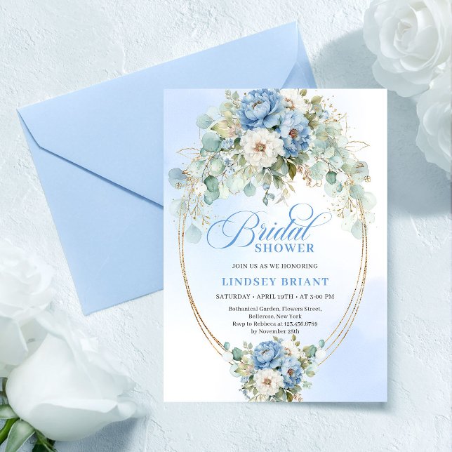 Invitación de boda de peonías azules polvorientas  (Graceful Dusty Blue Peonies Greenery Bridal Invitation)