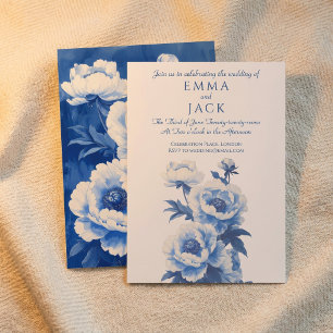 Invitación de boda de peonías blancas y azules