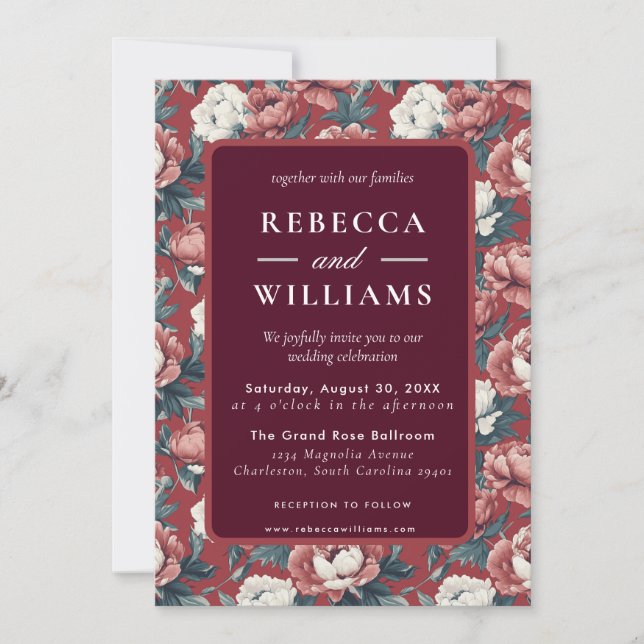 Invitación de boda de peonías marrón boho de prima (Anverso)