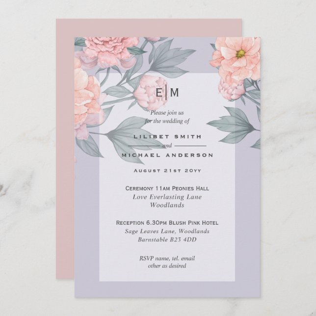Invitación de boda de peonías rosa melocotón sonro (Anverso / Reverso)