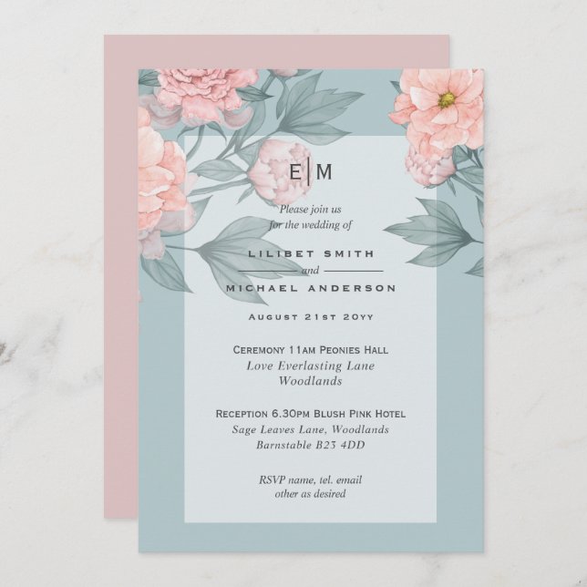 Invitación de Boda de Peonías Rosa Rosado Melocotó (Anverso / Reverso)