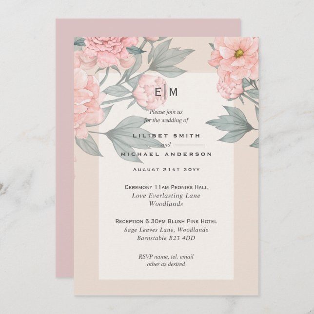 Invitación de Boda de Peonías Rosa Rosado Melocotó (Anverso / Reverso)