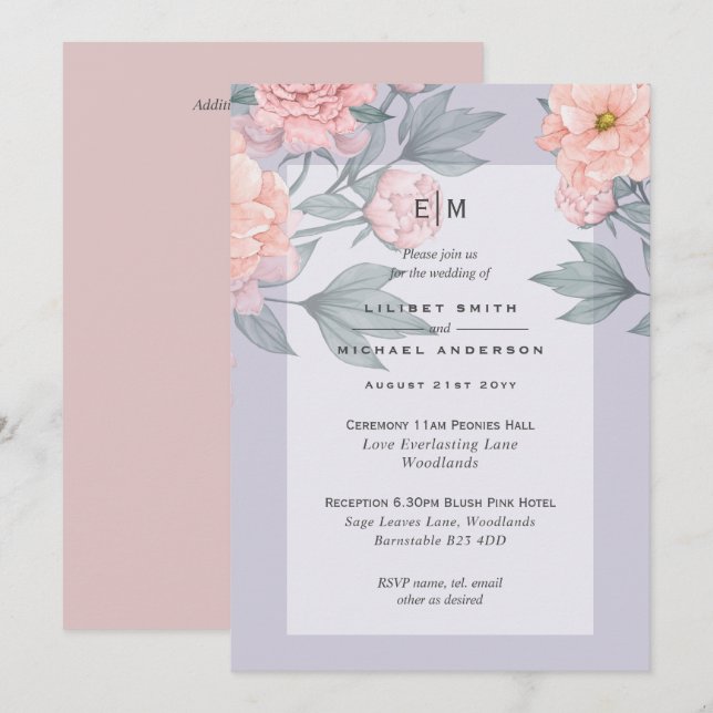 Invitación de Boda de Peonías Rosadas con Rubor de (Anverso / Reverso)
