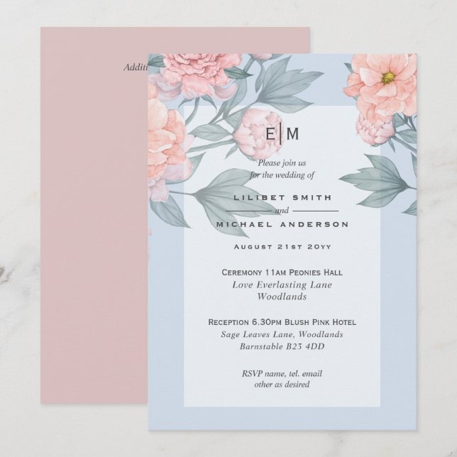 Invitación de Boda de Peonías Rosadas con Rubor de (Anverso / Reverso)