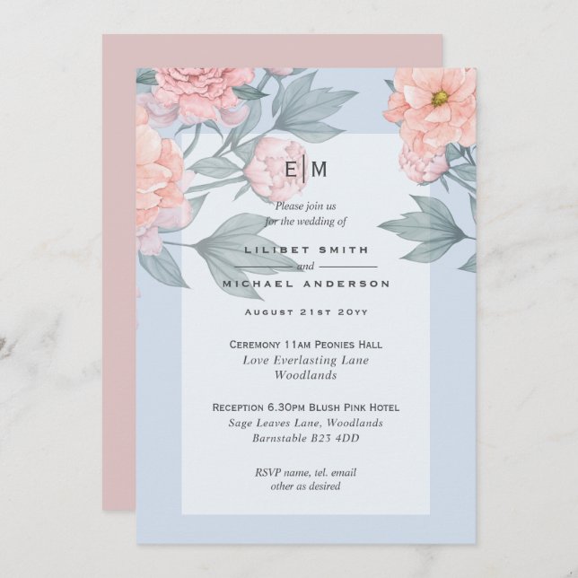 Invitación de Boda de Peonías Rosadas Melocotón Ru (Anverso / Reverso)