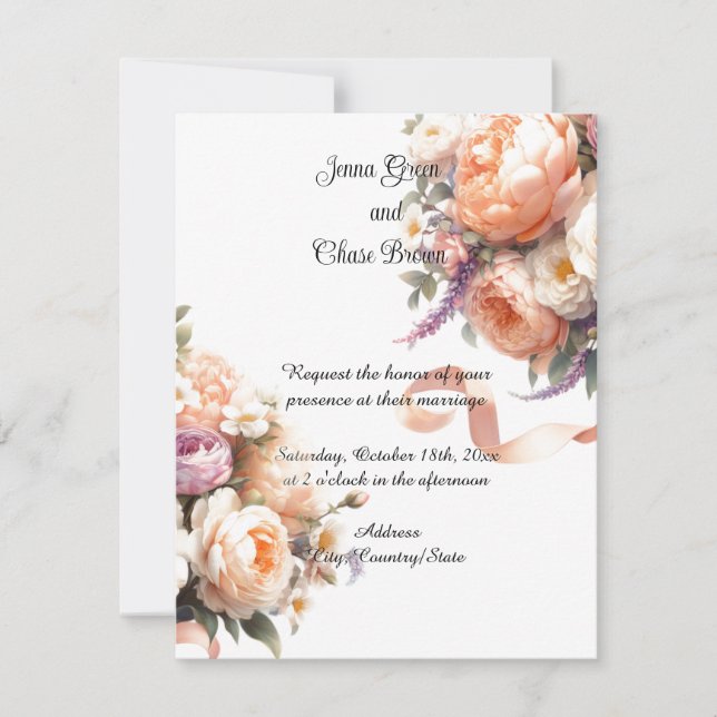 Invitación de boda de peonías y rosas de melocotón (Anverso)