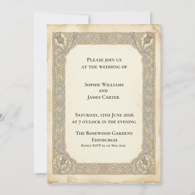 Invitación de boda de pergamino de cardo celta (Anverso)