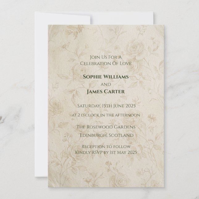 Invitación de boda de pergamino de rosa vintage (Anverso)