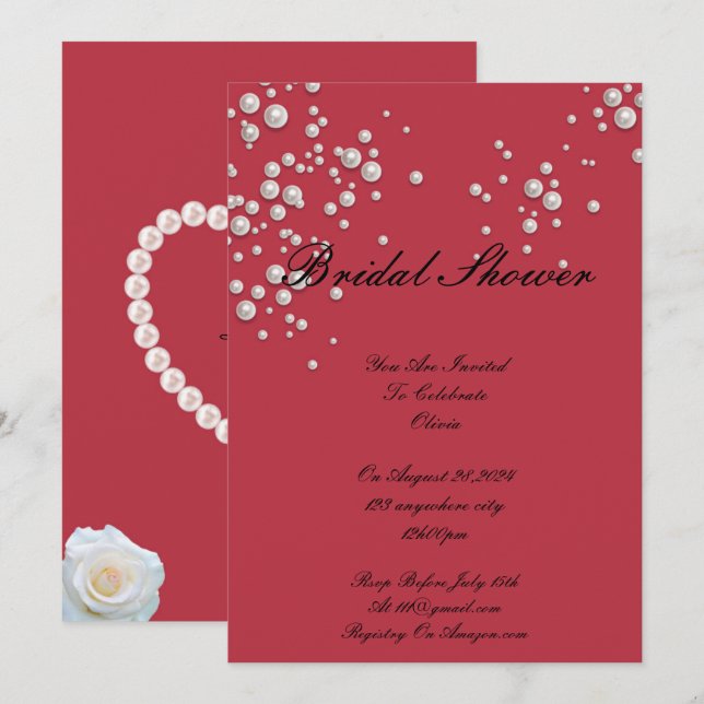 invitación de boda de perla roja carmesí (Anverso / Reverso)