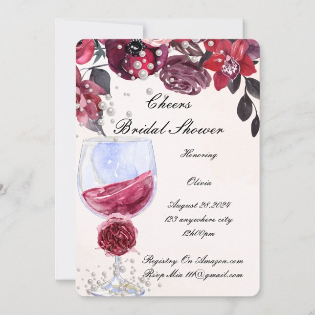 invitación de boda de perlas florales borgoña (Anverso)