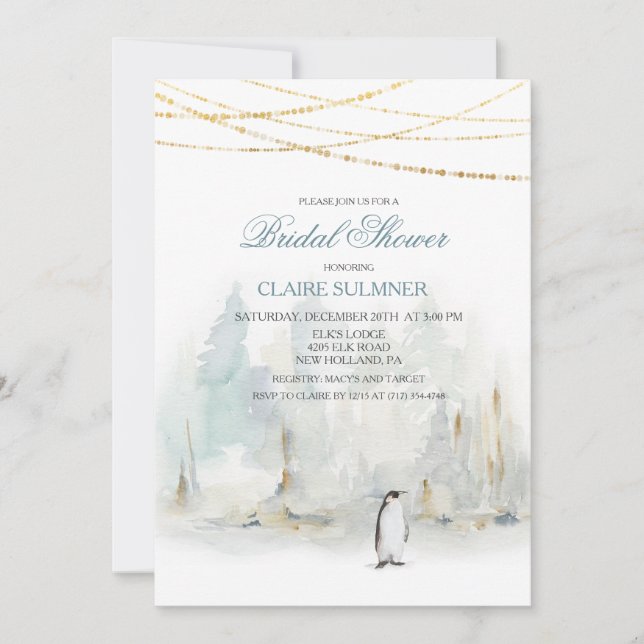 Invitación de boda de pingüino de invierno con acu (Anverso)