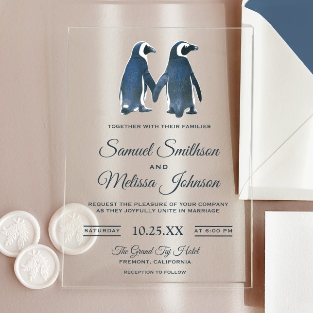 Invitación de boda de pingüinos de pareja romántic (Subido por el creador)