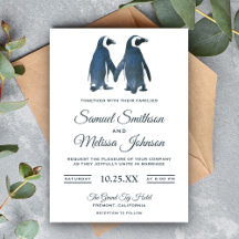 Invitación de boda de pingüinos de pareja romántic