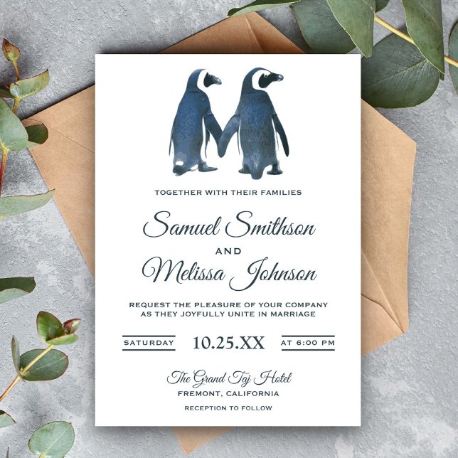 Invitación de boda de pingüinos de pareja romántic (Subido por el creador)