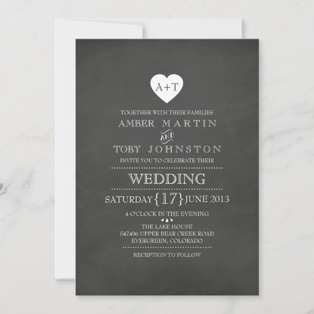 Invitación de boda de pizarra de corazón rústico (Anverso)