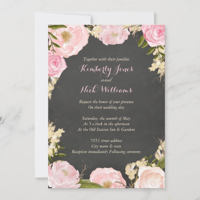Invitación de boda de pizarra de corona de rosa fl (Anverso)
