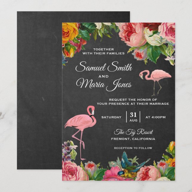 Invitación de boda de pizarra de flamenco floral (Anverso / Reverso)