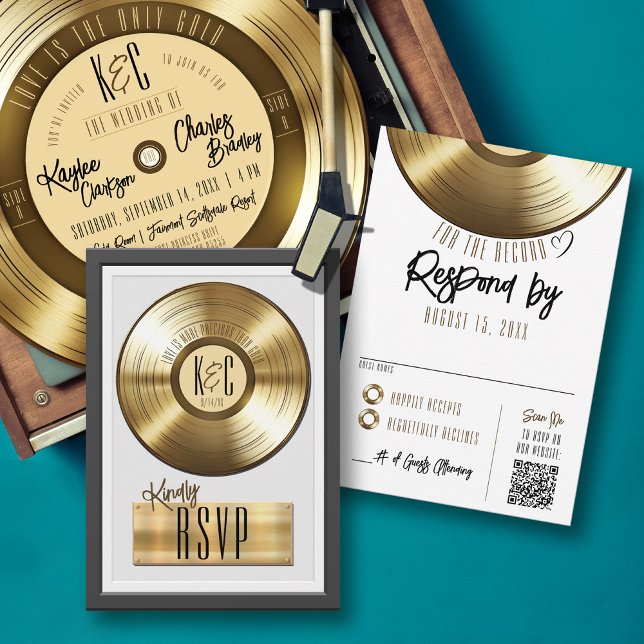 Invitación de Boda de Placa de Vinilo de Oro Sólid (Solid gold record plaque award style music theme wedding invitation RSVP card, monogram, qr code)