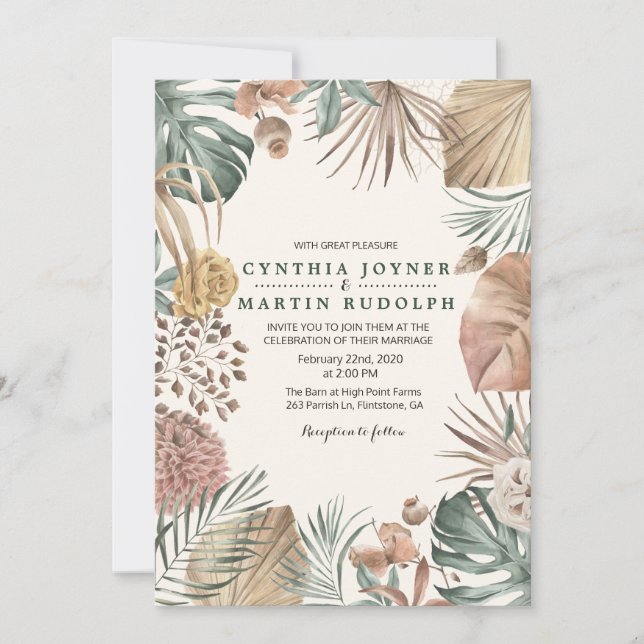 Invitación de boda de planta floral boho (Anverso)