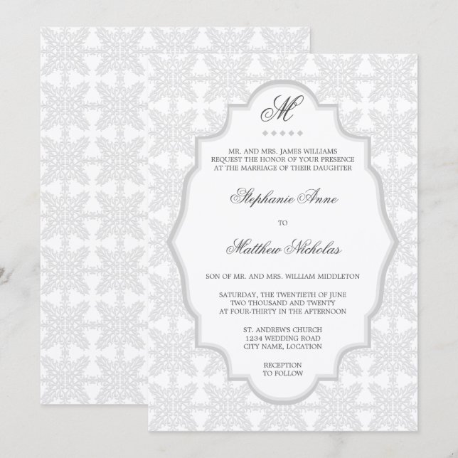 Invitación de boda de plata gris con monograma de  (Anverso / Reverso)