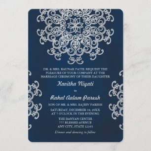 INVITACIÓN DE BODA DE PLATA Y NAVY DE ESTILO INDIO
