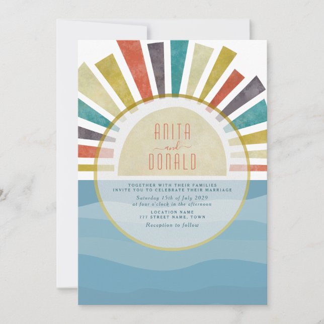 Invitación de boda de playa Boho azul (Anverso)
