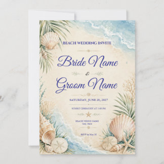 Invitación de boda de playa con acuarela y conchas
