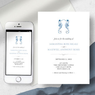 Invitación de boda de playa con código QR azul