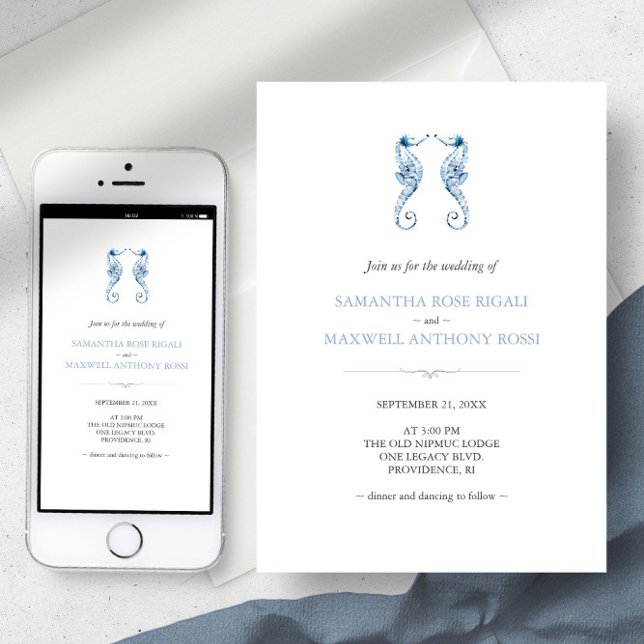 Invitación de boda de playa con código QR azul (Beach wedding invitation dusty blue seahorse watercolor art by Victoria Grigaliunas)