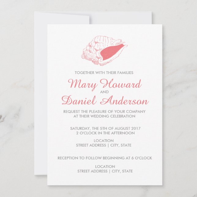 Invitación de boda de playa con conchas (rosa) (Anverso)