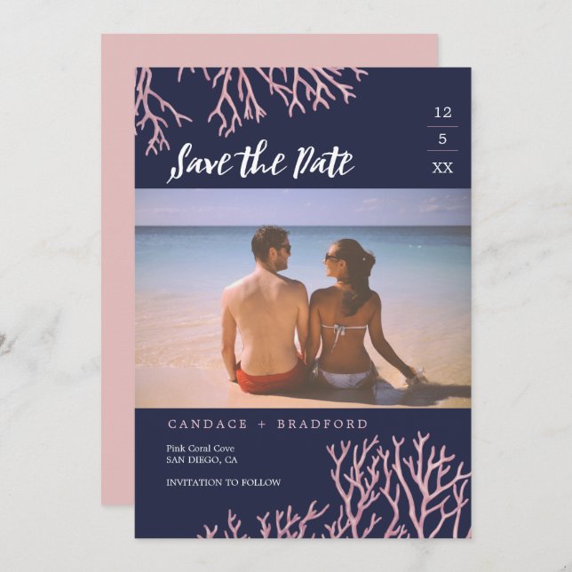 Invitación de boda de playa con corales rosados (Anverso / Reverso)