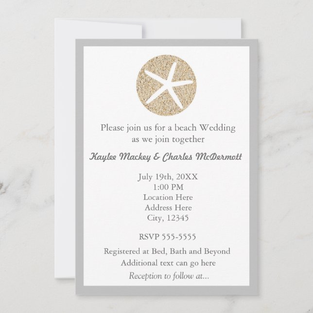 Invitación de boda de playa con estrella de mar y  (Anverso)