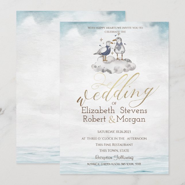 Invitación de boda de playa con gaviotas acuarela (Anverso / Reverso)