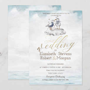 Invitación de boda de playa con gaviotas acuarela