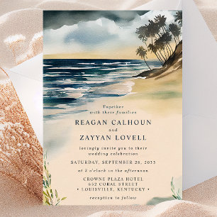 Invitación de boda de playa con palmera acuarela